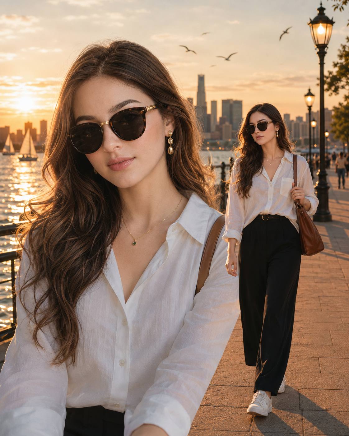 Ultra-Realistic Sunset Waterfront Fashion Portrait AI Image Prompt with Same Face