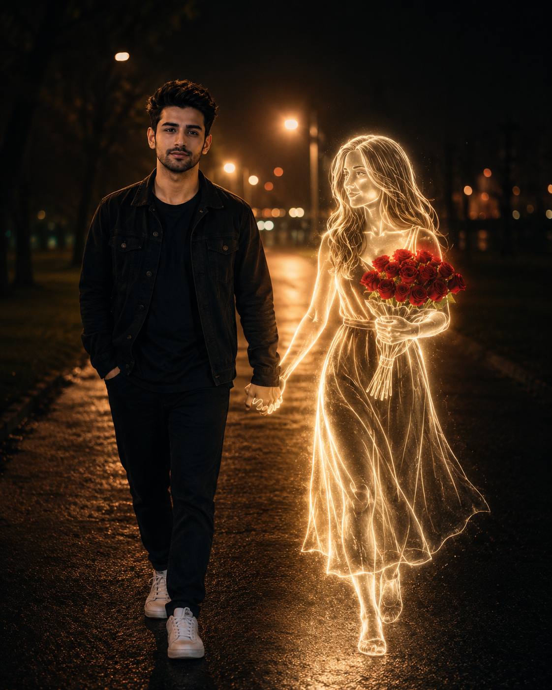 ltra-Realistic Glowing Neon Line Art & Girl Night Path AI Portrait Prompt