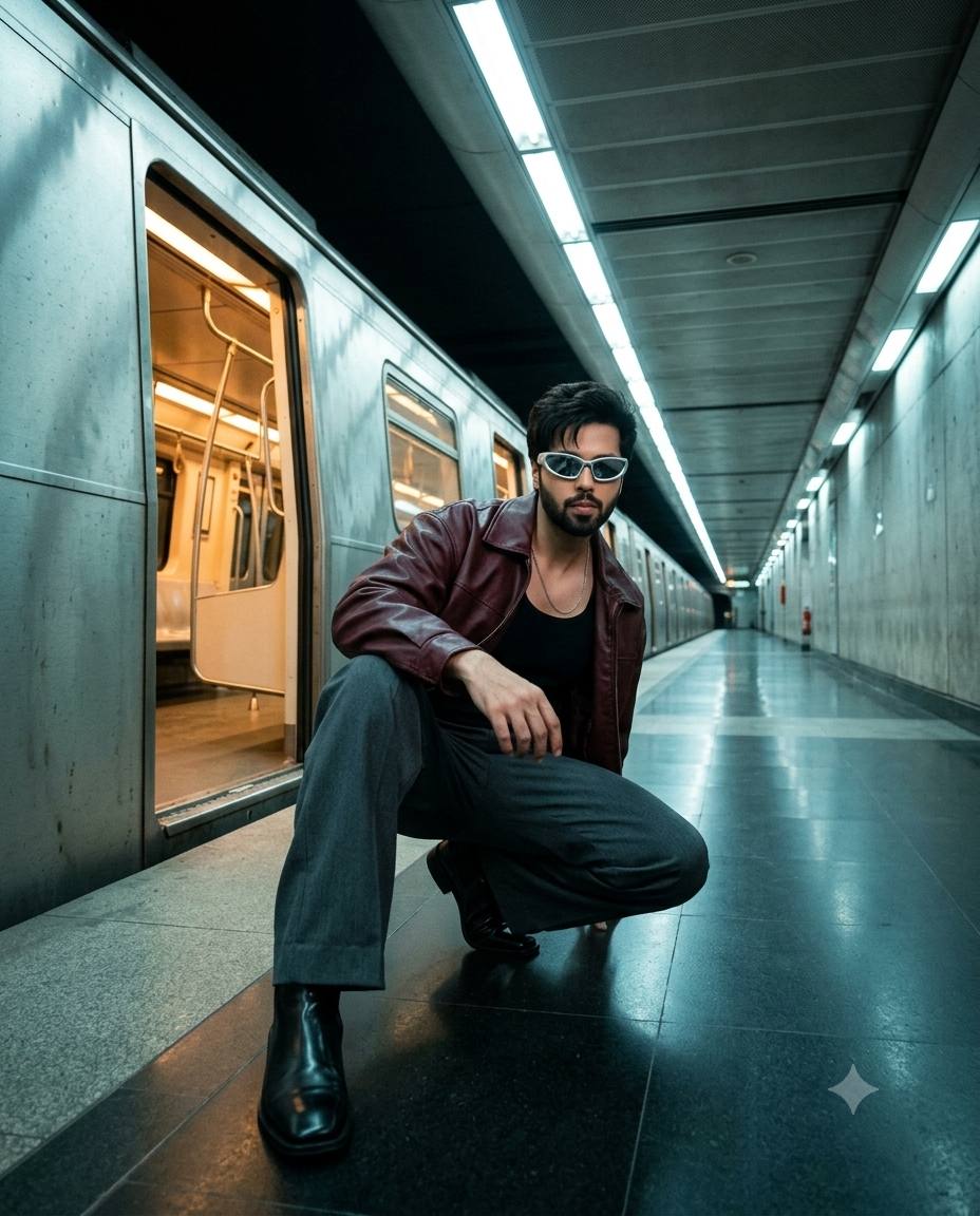 Ultra-wide subway fashion AI prompt | Burgundy racing jacket & futuristic sunglasses