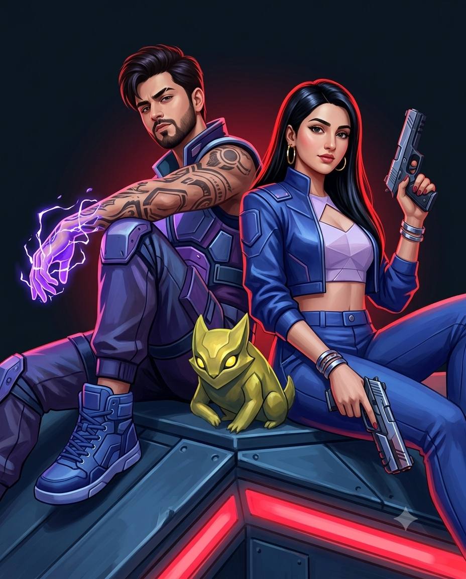 VALORANT agents splash art AI prompt | Futuristic duo and neon energy