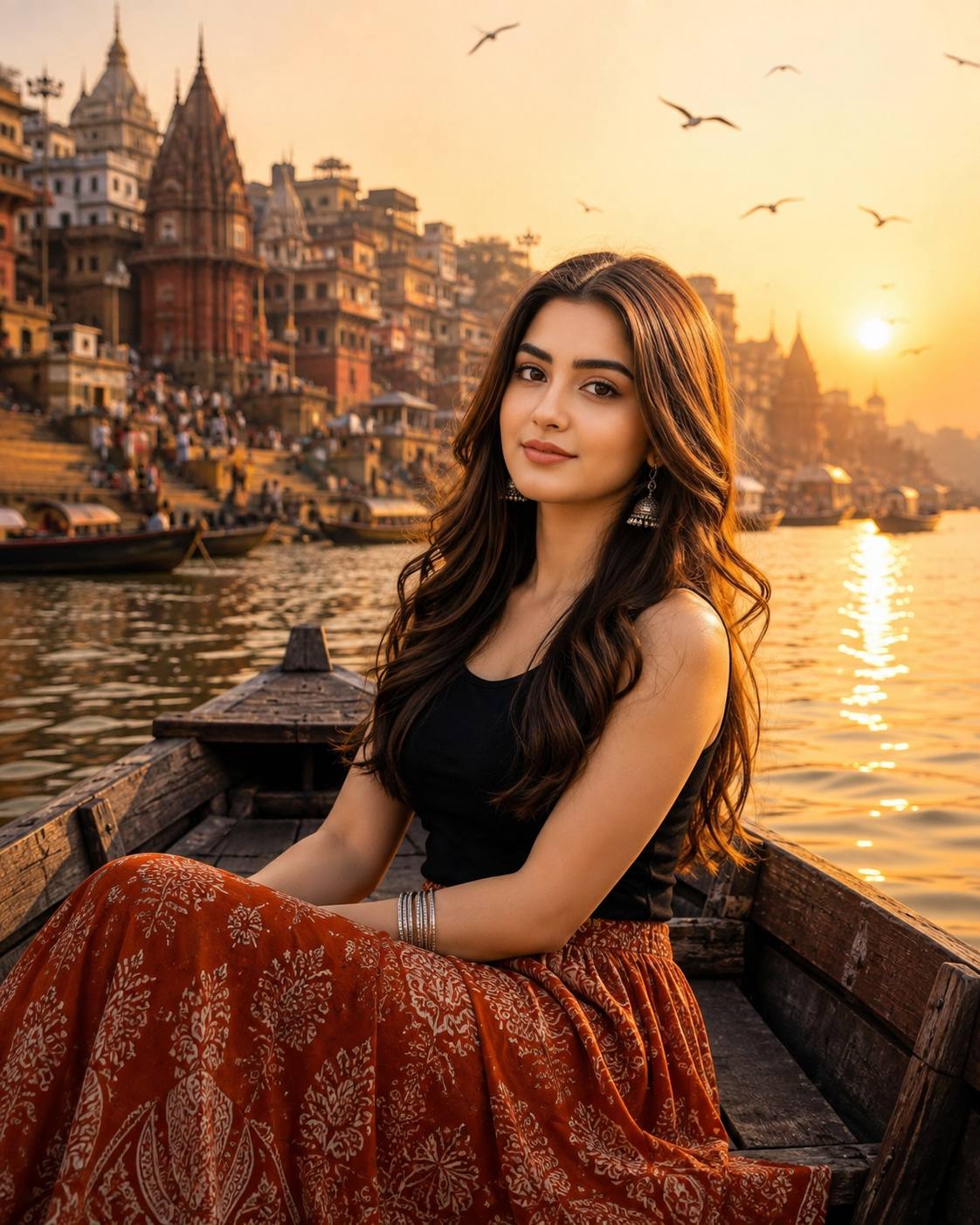 Varanasi Ghat Sunrise Portrait | Indian Woman in Traditional Skirt on Wooden Boat