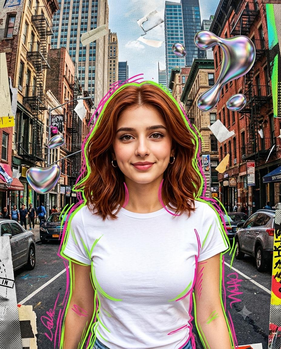 Mixed-Media Fashion Collage AI Image Prompt Gemini | Neon Scribbles, Chrome Effects & NYC Fisheye Photography