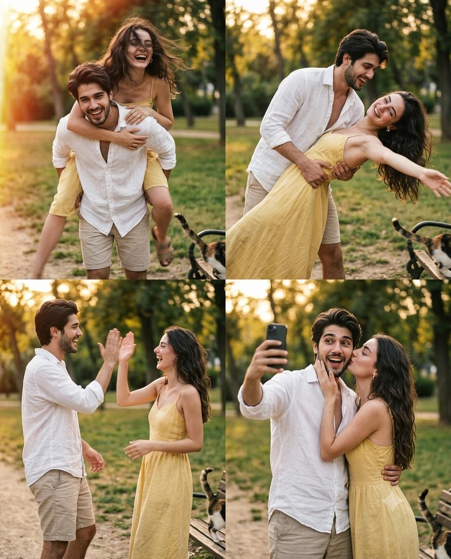 Couple candid Photo Collage AI Image Prompt Gemini | Golden-Hour Romance & Retro 9:16 Aesthetic