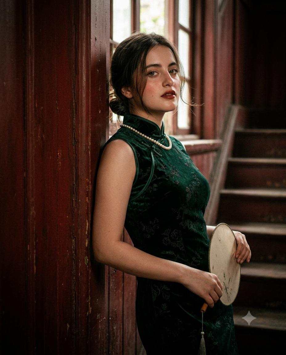 Hong Kong vintage woman portrait AI image prompt Gemini | Emerald velvet cheongsam, pearl necklace and retro film aesthetic
