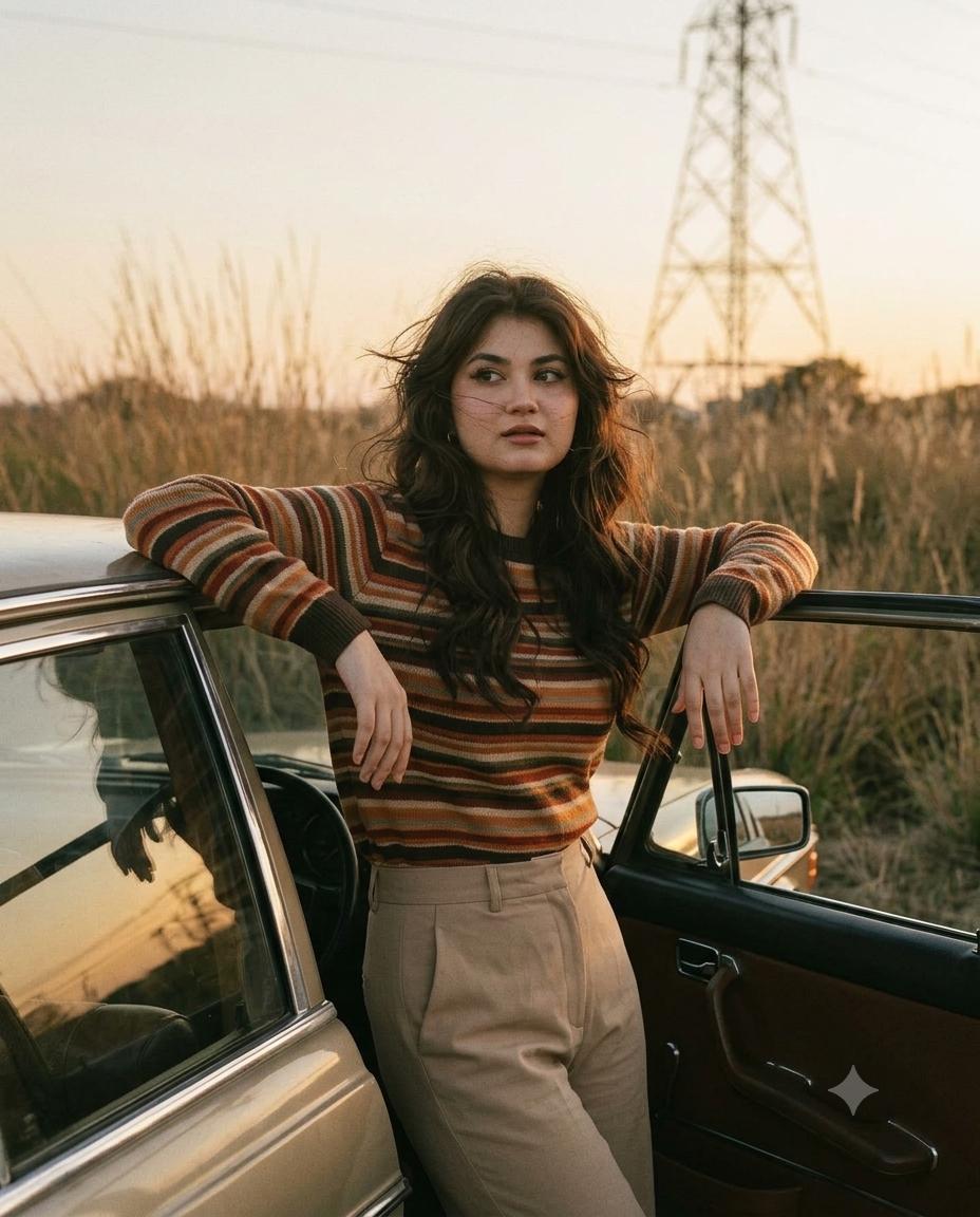 Classic car road trip portrait AI image prompt | Golden hour countryside vintage fashion photography