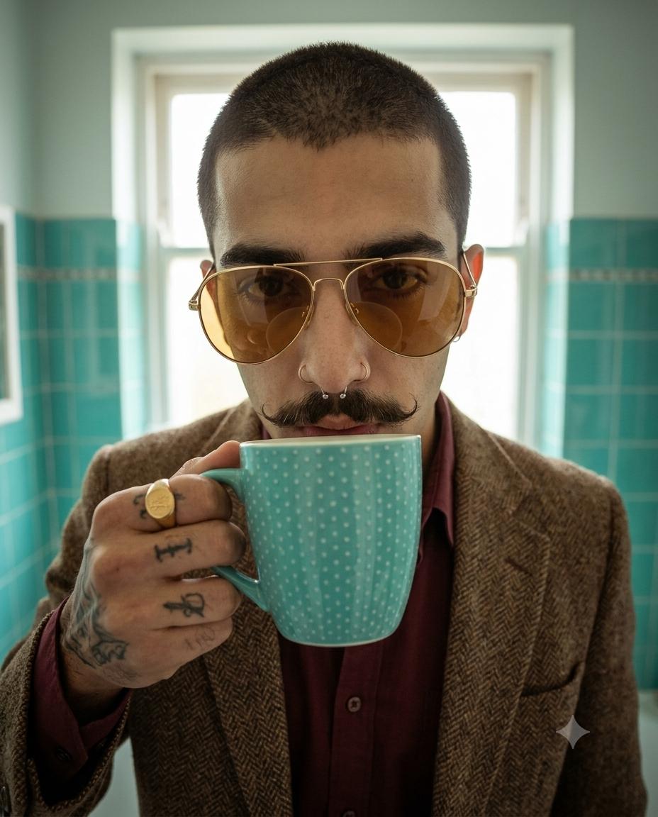 Vintage bathroom portrait AI image prompt | Teal retro style with gold aviators and ceramic mug