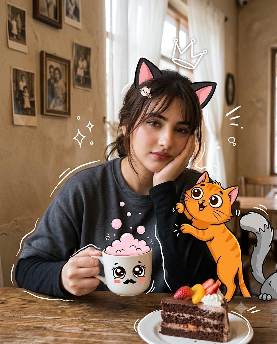 Cozy girl portrait AI image prompt | Cartoon cat, cute doodles and whimsical mixed-media style