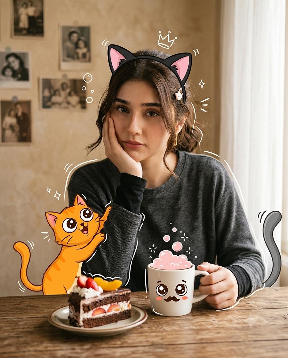 Whimsical Cozy Portrait with Cartoon Orange Cat & Cute Coffee Mug AI image prompt Gemini