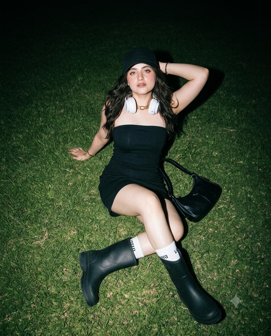 Y2K nighttime flash photography AI image prompt Gemini | East Asian woman, black mini dress