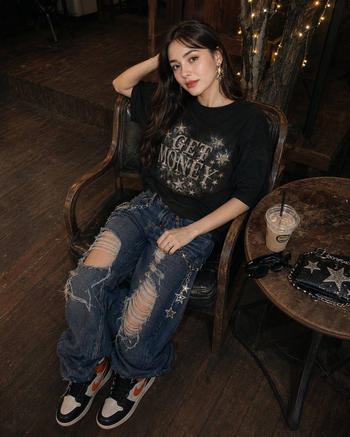 Y2K Streetwear Cafe Portrait of a Stylish Young Woman AI Image Prompt