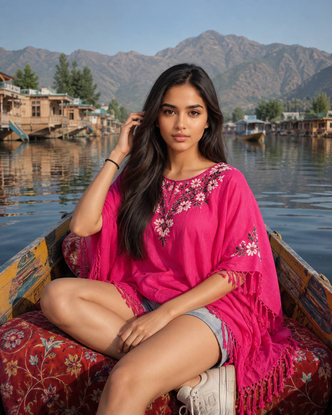 Young Woman on Shikara Ride at Dal Lake Srinagar | Ultra-Realistic AI Photo Prompt