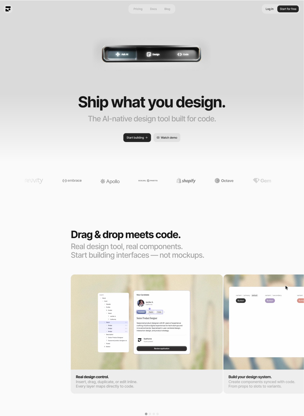 Subframe Website UI Inspiration – AI-Native Design Tool Homepage